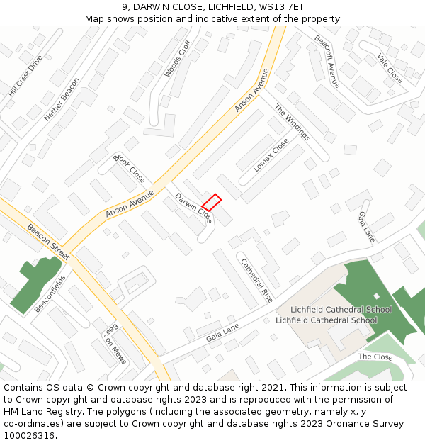 9, DARWIN CLOSE, LICHFIELD, WS13 7ET: Location map and indicative extent of plot