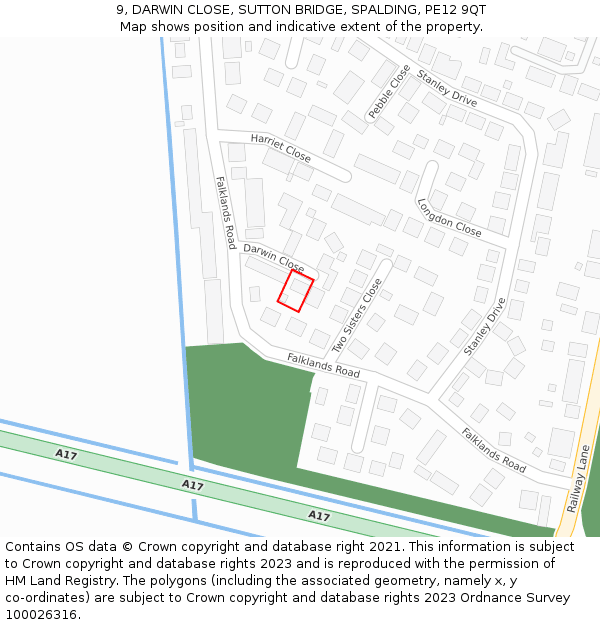 9, DARWIN CLOSE, SUTTON BRIDGE, SPALDING, PE12 9QT: Location map and indicative extent of plot