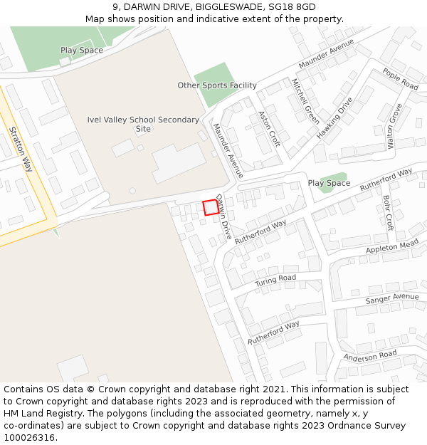 9, DARWIN DRIVE, BIGGLESWADE, SG18 8GD: Location map and indicative extent of plot