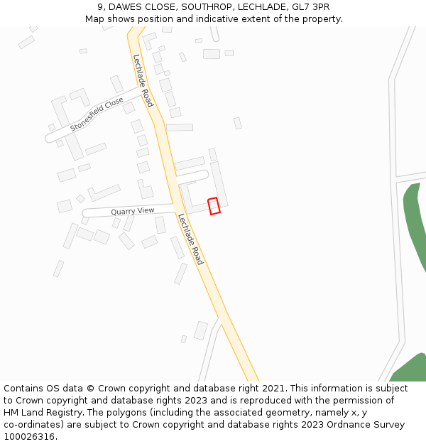 9, DAWES CLOSE, SOUTHROP, LECHLADE, GL7 3PR: Location map and indicative extent of plot