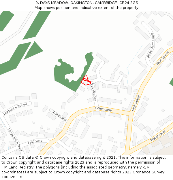 9, DAYS MEADOW, OAKINGTON, CAMBRIDGE, CB24 3GS: Location map and indicative extent of plot