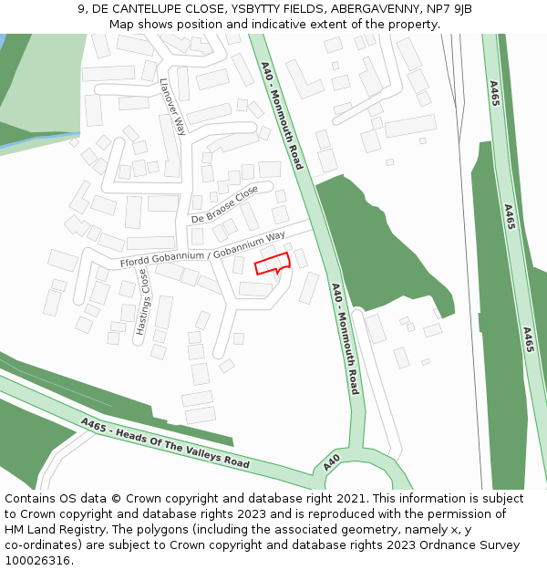 9, DE CANTELUPE CLOSE, YSBYTTY FIELDS, ABERGAVENNY, NP7 9JB: Location map and indicative extent of plot