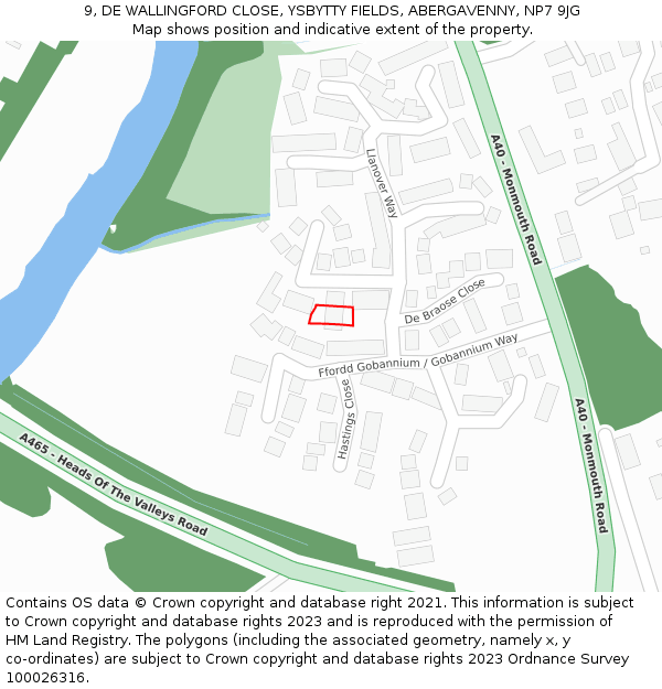 9, DE WALLINGFORD CLOSE, YSBYTTY FIELDS, ABERGAVENNY, NP7 9JG: Location map and indicative extent of plot