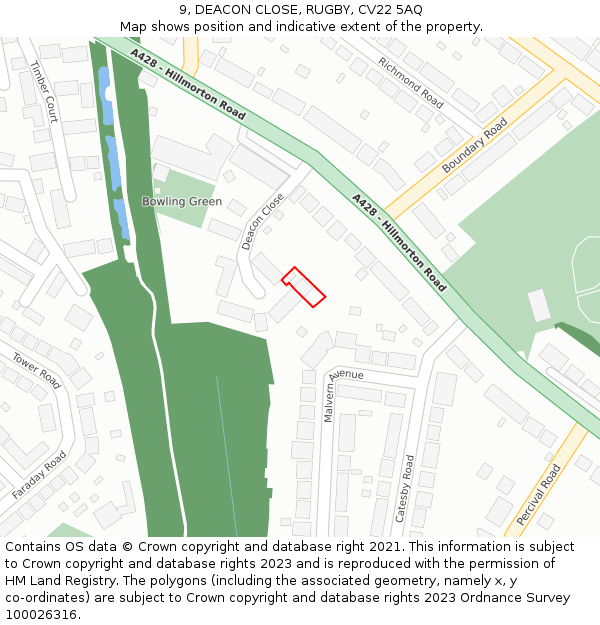 9, DEACON CLOSE, RUGBY, CV22 5AQ: Location map and indicative extent of plot