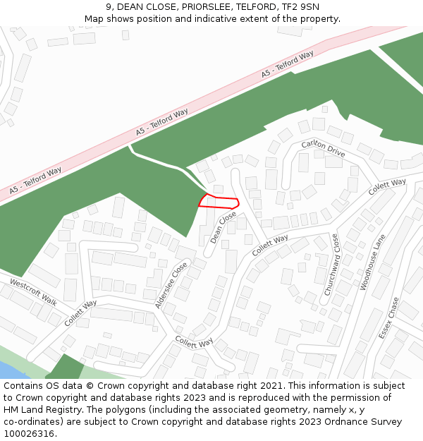 9, DEAN CLOSE, PRIORSLEE, TELFORD, TF2 9SN: Location map and indicative extent of plot