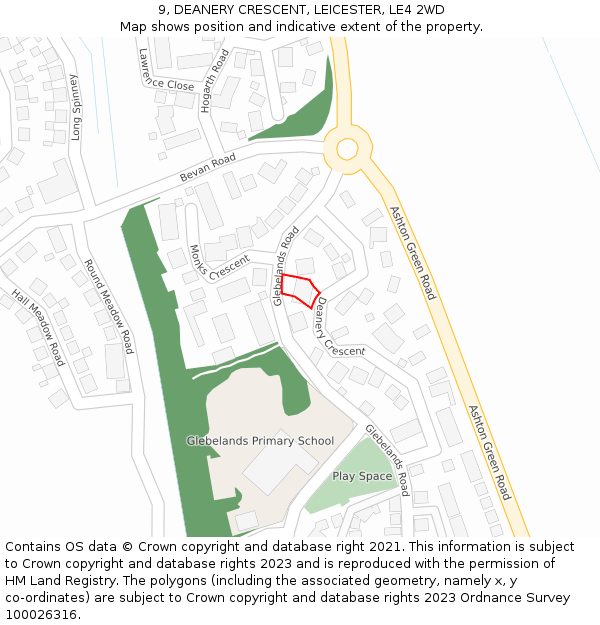 9, DEANERY CRESCENT, LEICESTER, LE4 2WD: Location map and indicative extent of plot