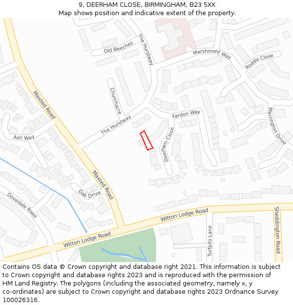 9, DEERHAM CLOSE, BIRMINGHAM, B23 5XX: Location map and indicative extent of plot