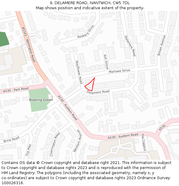 9, DELAMERE ROAD, NANTWICH, CW5 7DL: Location map and indicative extent of plot