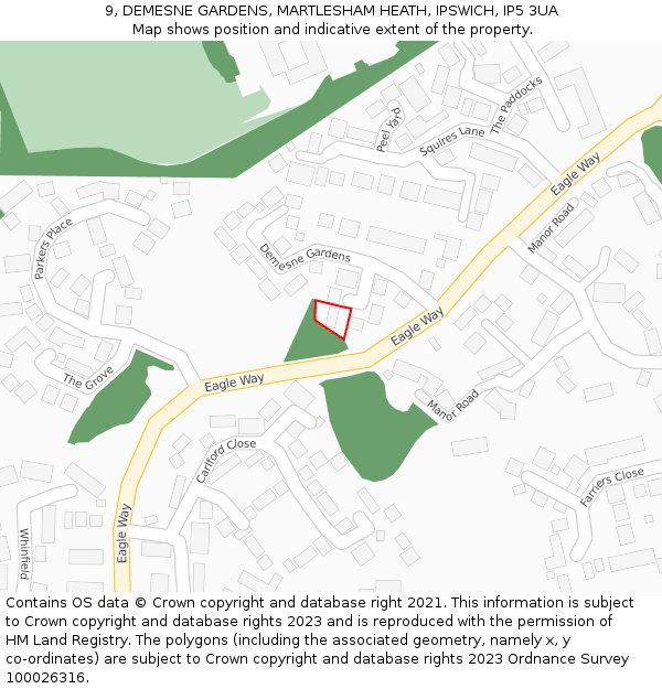 9, DEMESNE GARDENS, MARTLESHAM HEATH, IPSWICH, IP5 3UA: Location map and indicative extent of plot