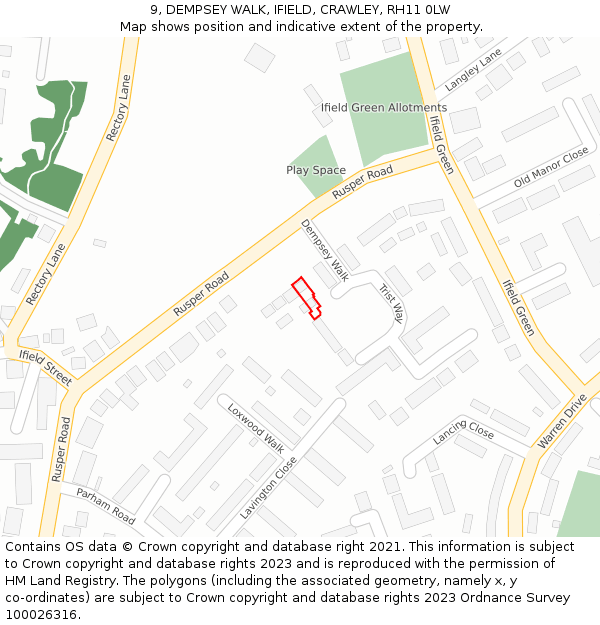 9, DEMPSEY WALK, IFIELD, CRAWLEY, RH11 0LW: Location map and indicative extent of plot