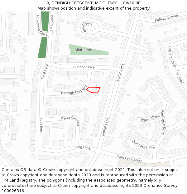 9, DENBIGH CRESCENT, MIDDLEWICH, CW10 0EJ: Location map and indicative extent of plot