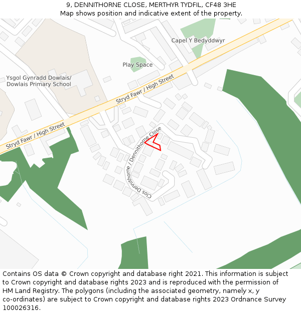 9, DENNITHORNE CLOSE, MERTHYR TYDFIL, CF48 3HE: Location map and indicative extent of plot