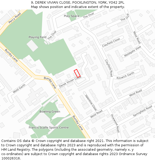 9, DEREK VIVIAN CLOSE, POCKLINGTON, YORK, YO42 2PL: Location map and indicative extent of plot