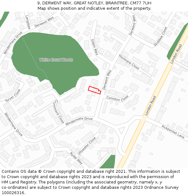 9, DERWENT WAY, GREAT NOTLEY, BRAINTREE, CM77 7UH: Location map and indicative extent of plot