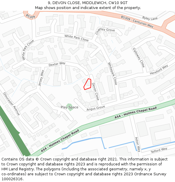 9, DEVON CLOSE, MIDDLEWICH, CW10 9GT: Location map and indicative extent of plot