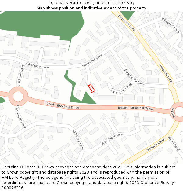 9, DEVONPORT CLOSE, REDDITCH, B97 6TQ: Location map and indicative extent of plot