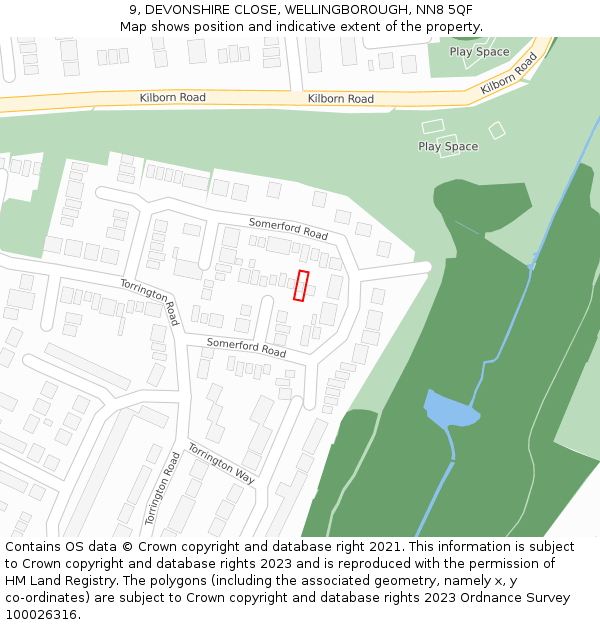 9, DEVONSHIRE CLOSE, WELLINGBOROUGH, NN8 5QF: Location map and indicative extent of plot