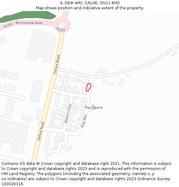 9, DEW WAY, CALNE, SN11 8HD: Location map and indicative extent of plot
