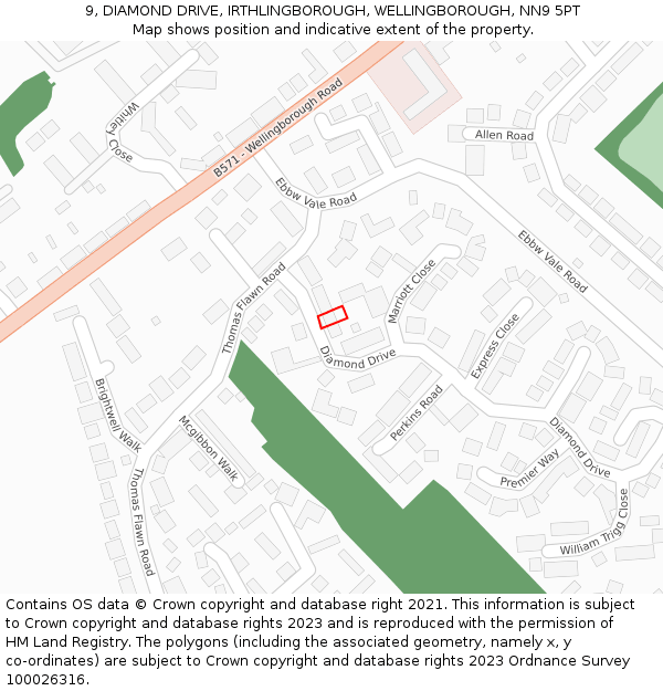 9, DIAMOND DRIVE, IRTHLINGBOROUGH, WELLINGBOROUGH, NN9 5PT: Location map and indicative extent of plot