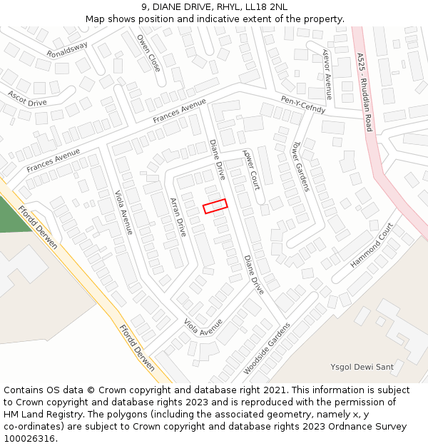 9, DIANE DRIVE, RHYL, LL18 2NL: Location map and indicative extent of plot