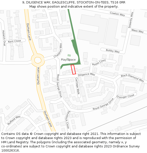 9, DILIGENCE WAY, EAGLESCLIFFE, STOCKTON-ON-TEES, TS16 0RR: Location map and indicative extent of plot