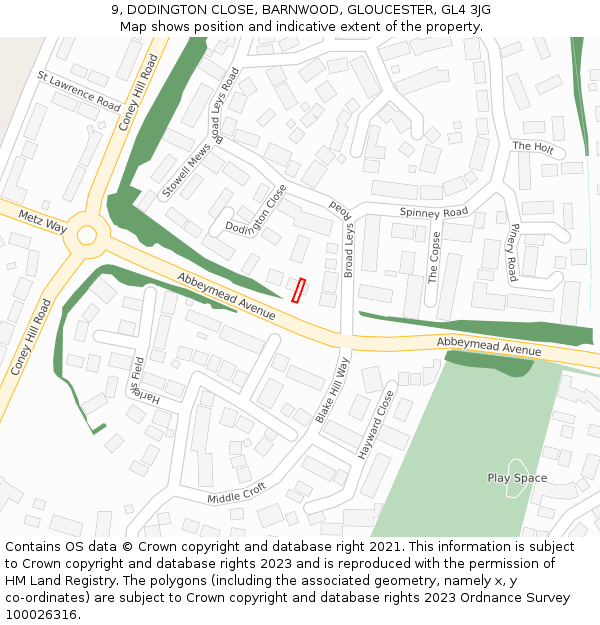 9, DODINGTON CLOSE, BARNWOOD, GLOUCESTER, GL4 3JG: Location map and indicative extent of plot