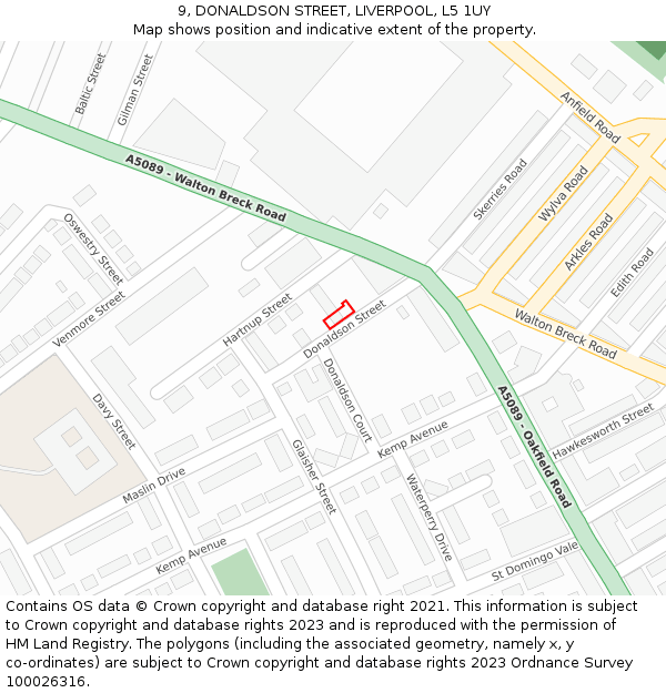 9, DONALDSON STREET, LIVERPOOL, L5 1UY: Location map and indicative extent of plot