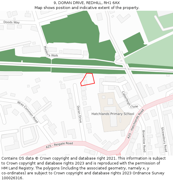 9, DORAN DRIVE, REDHILL, RH1 6AX: Location map and indicative extent of plot