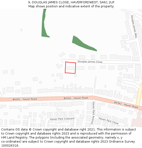 9, DOUGLAS JAMES CLOSE, HAVERFORDWEST, SA61 2UF: Location map and indicative extent of plot