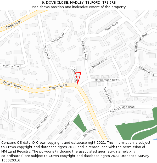 9, DOVE CLOSE, HADLEY, TELFORD, TF1 5RE: Location map and indicative extent of plot