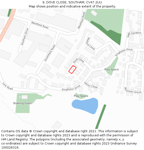 9, DOVE CLOSE, SOUTHAM, CV47 2UU: Location map and indicative extent of plot