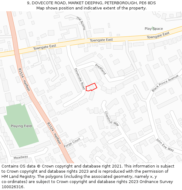 9, DOVECOTE ROAD, MARKET DEEPING, PETERBOROUGH, PE6 8DS: Location map and indicative extent of plot