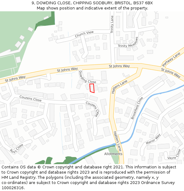 9, DOWDING CLOSE, CHIPPING SODBURY, BRISTOL, BS37 6BX: Location map and indicative extent of plot