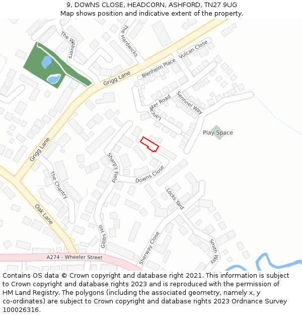 9, DOWNS CLOSE, HEADCORN, ASHFORD, TN27 9UG: Location map and indicative extent of plot