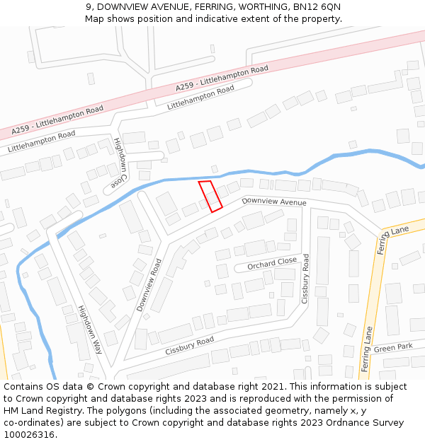 9, DOWNVIEW AVENUE, FERRING, WORTHING, BN12 6QN: Location map and indicative extent of plot