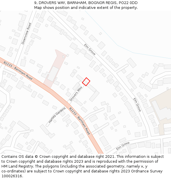 9, DROVERS WAY, BARNHAM, BOGNOR REGIS, PO22 0DD: Location map and indicative extent of plot