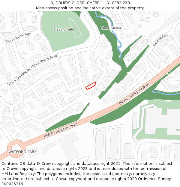 9, DRUIDS CLOSE, CAERPHILLY, CF83 2XR: Location map and indicative extent of plot