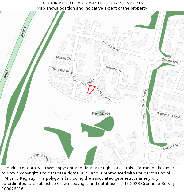 9, DRUMMOND ROAD, CAWSTON, RUGBY, CV22 7TN: Location map and indicative extent of plot