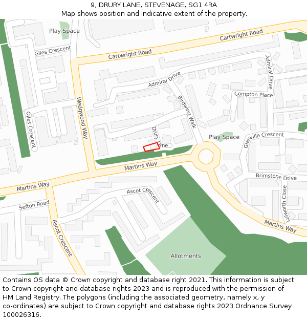 9, DRURY LANE, STEVENAGE, SG1 4RA: Location map and indicative extent of plot