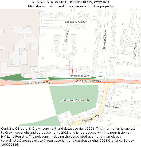 9, DRYGROUNDS LANE, BOGNOR REGIS, PO22 8PS: Location map and indicative extent of plot