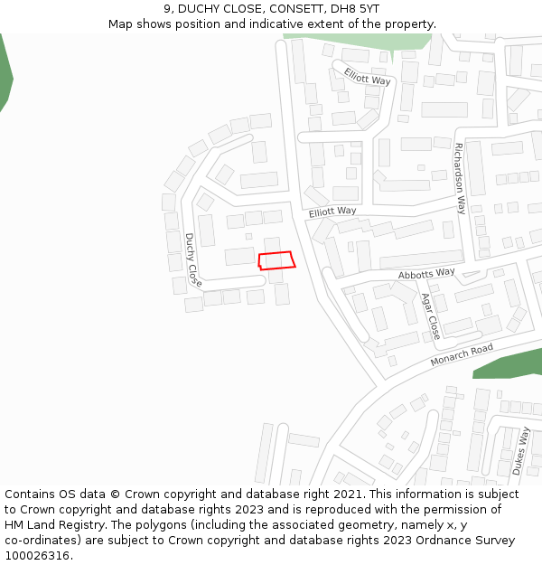 9, DUCHY CLOSE, CONSETT, DH8 5YT: Location map and indicative extent of plot