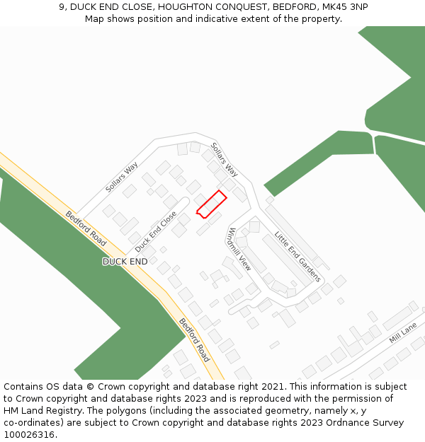 9, DUCK END CLOSE, HOUGHTON CONQUEST, BEDFORD, MK45 3NP: Location map and indicative extent of plot