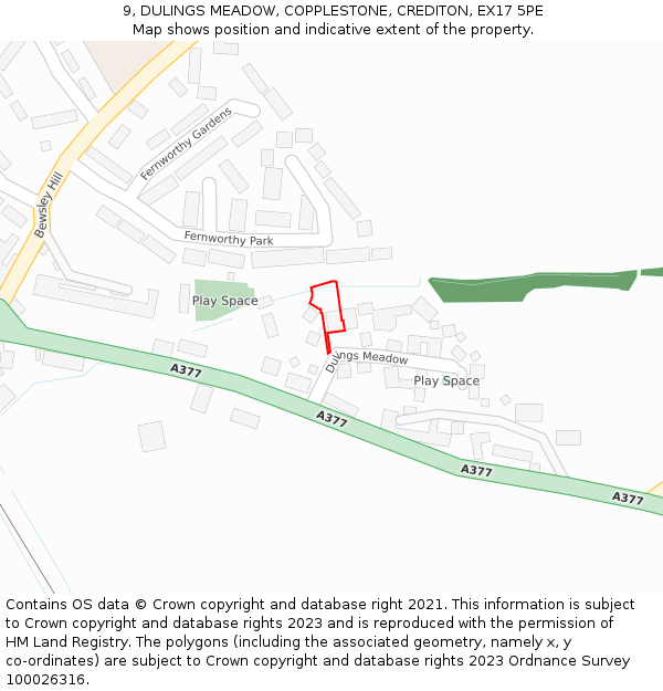 9, DULINGS MEADOW, COPPLESTONE, CREDITON, EX17 5PE: Location map and indicative extent of plot