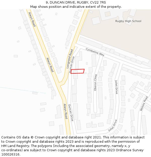 9, DUNCAN DRIVE, RUGBY, CV22 7RS: Location map and indicative extent of plot