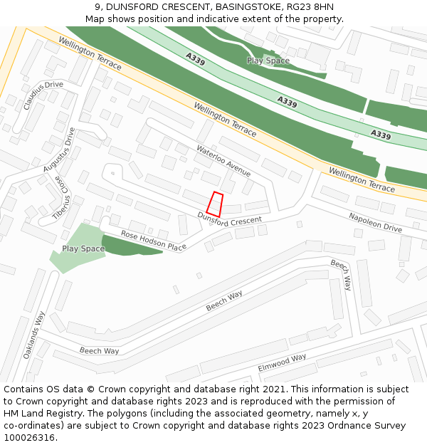 9, DUNSFORD CRESCENT, BASINGSTOKE, RG23 8HN: Location map and indicative extent of plot