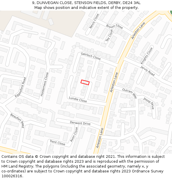 9, DUNVEGAN CLOSE, STENSON FIELDS, DERBY, DE24 3AL: Location map and indicative extent of plot