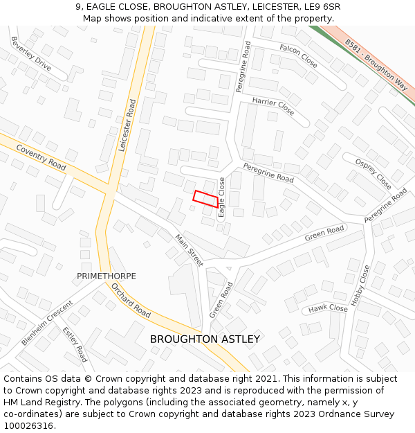 9, EAGLE CLOSE, BROUGHTON ASTLEY, LEICESTER, LE9 6SR: Location map and indicative extent of plot