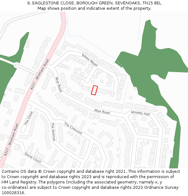 9, EAGLESTONE CLOSE, BOROUGH GREEN, SEVENOAKS, TN15 8EL: Location map and indicative extent of plot