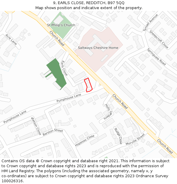 9, EARLS CLOSE, REDDITCH, B97 5QQ: Location map and indicative extent of plot