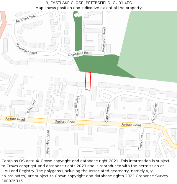 9, EASTLAKE CLOSE, PETERSFIELD, GU31 4ES: Location map and indicative extent of plot